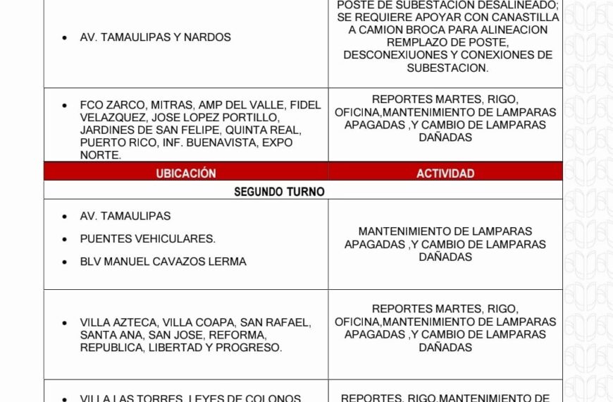 Agenda de Reparaciones del Alumbrado Público de Matamoros