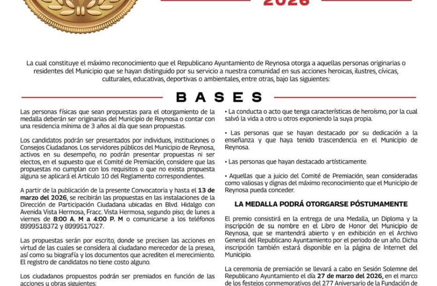 Entregará Gobierno de Reynosa Medalla al Mérito Ciudadano&hellip;